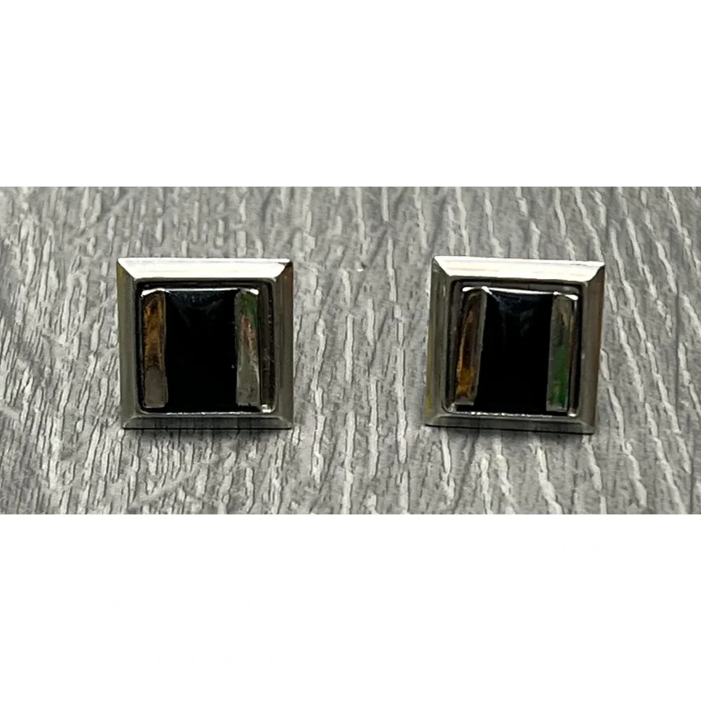 Mens Silver Tone Square Cufflinks Black Onyx Style Cabochon Dress‎ Shirt Pair